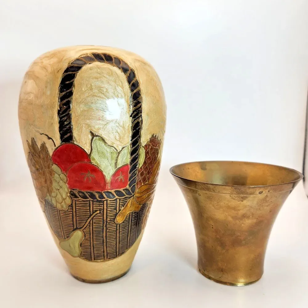 Vintage Enamel on‎ Brass Vase w/ Removable Neck Fruit Basket Design Hand Made